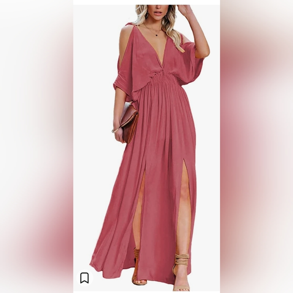 NWT Wedding Guest Dress- Deep Self cold shoulder v neck maxi dress